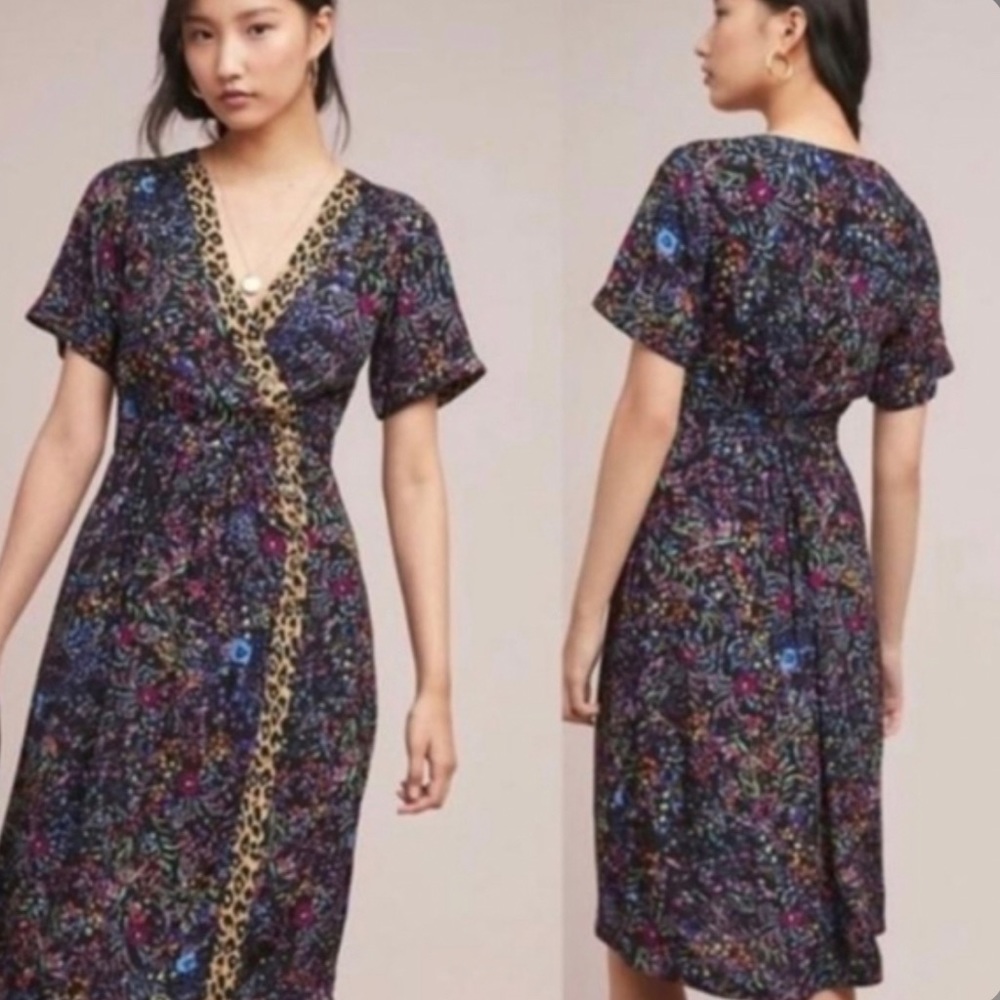 Anthropologie maeve floral leopard trim dress